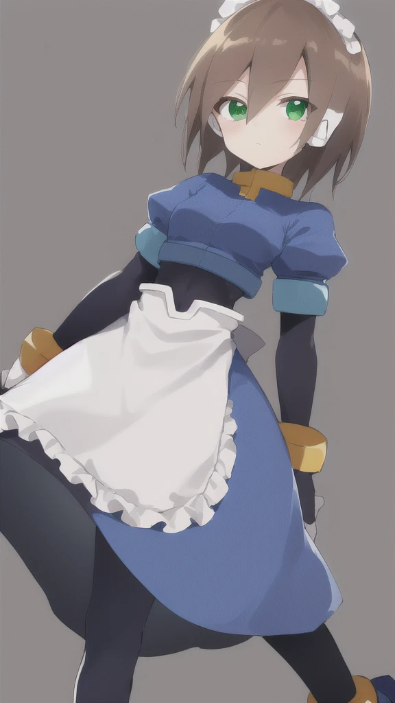 Aile_MegamanZX, 1girl, Looking at viewer, simple background, Brown hair, ,green eyes, Dressed as a maid