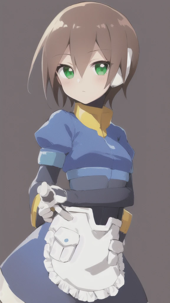 Aile_MegamanZX, 1girl, Looking at viewer, simple background, Brown hair, ,green eyes, Dressed as a maid