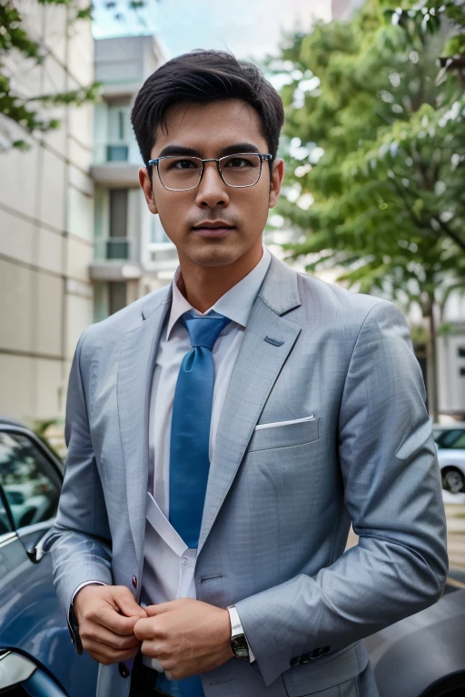 (One wears silver-white titanium alloy thin-rimmed glasses、Wearing a full light blue striped suit、White shirt、Tie、About 25 years old、Japanese men with a height of 180 cm)、best quality、masterpiece、Ultra-high resolution、(Photo realism:1.4)、original photo、(戶外街道上One wears silver-white titanium alloy thin-rimmed glasses、Wearing a full light blue striped suit、White shirt、Tie的年輕英俊的日本男人、Standing under the red maple tree、Red and big maple leaves、delicate leaves、branch details)、(There is a white BMW car next to the man、Man's hands on car roof) shadow、Octane Rendering、8K、Super sharp、realistic light、(There is only one white BMW car on the street、man's shining eyes、looking in the direction of the camera)、LED、Ultra high quality、High、gentleman、very beautiful hair、bright photos、As handsome as a model、As handsome as an idol,Professional profile photo, Professional portrait photos、Realistic portrait photos, Detailed color portrait, Portrait of an idol, High quality portrait.