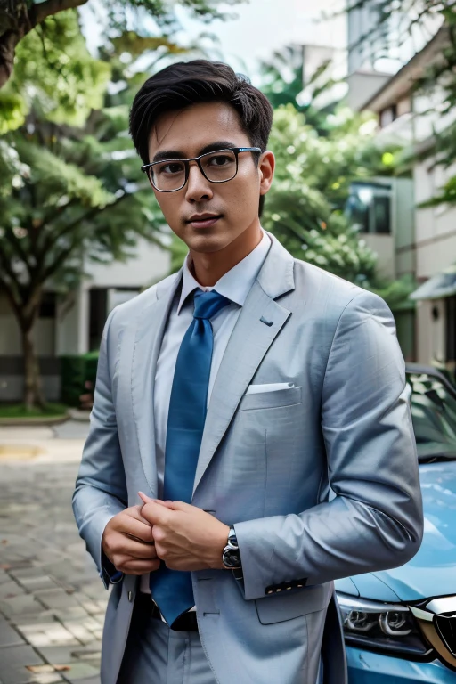 (One wears silver-white titanium alloy thin-rimmed glasses、Wearing a full light blue striped suit、White shirt、Tie、About 25 years old、Japanese men with a height of 180 cm)、best quality、masterpiece、Ultra-high resolution、(Photo realism:1.4)、original photo、(戶外街道上One wears silver-white titanium alloy thin-rimmed glasses、Wearing a full light blue striped suit、White shirt、Tie的年輕英俊的日本男人、Standing under the red maple tree、Red and big maple leaves、delicate leaves、branch details)、(There is a white BMW car next to the man、Man's hands on car roof) shadow、Octane Rendering、8K、Super sharp、realistic light、(There is only one white BMW car on the street、man's shining eyes、looking in the direction of the camera)、LED、Ultra high quality、High、gentleman、very beautiful hair、bright photos、As handsome as a model、As handsome as an idol,Professional profile photo, Professional portrait photos、Realistic portrait photos, Detailed color portrait, Portrait of an idol, High quality portrait.