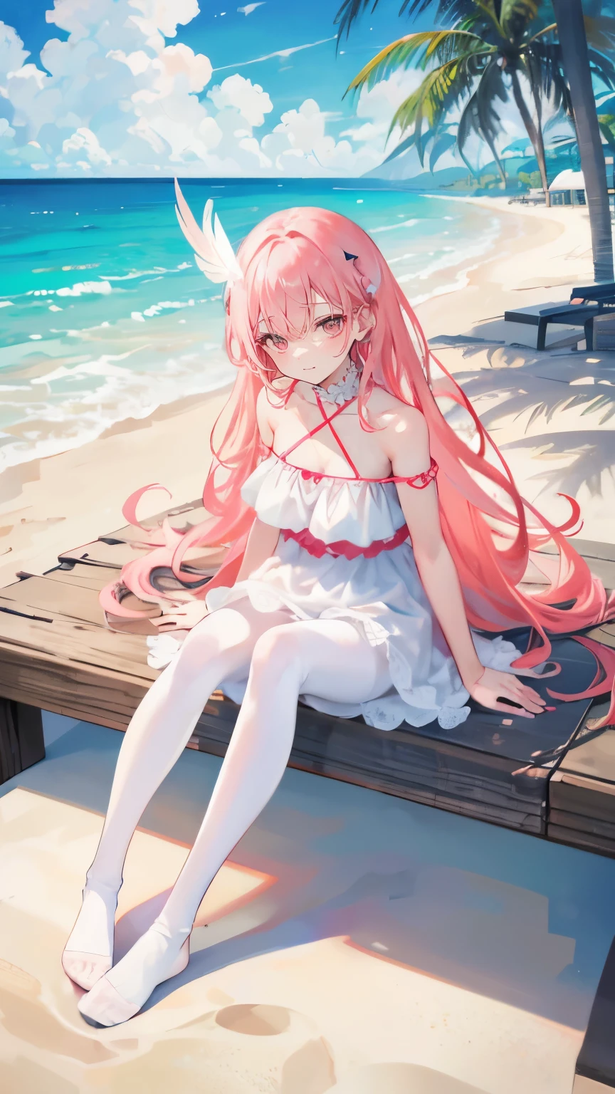 masterpiece, best quality, highly detailed, high resolution, expensive resolution, high resolution, 4k, 8k, Unity 8k wallpaper, highly detailed CG, masterpiece, 2d, 3d, beautiful details, depth, fine texture, best quality: 1.3, perfect focus, crispy skin, him, very cute anime girl, girl with pearl necklace and pearl earrings, idol. Background is ocean with dolphins jumping, scallops dancing, palm trees, expensive, pink medium long hair, mole under eye, looking at the viewer, expensive, blush, mole, open lips, , heart, pink eyes, choker