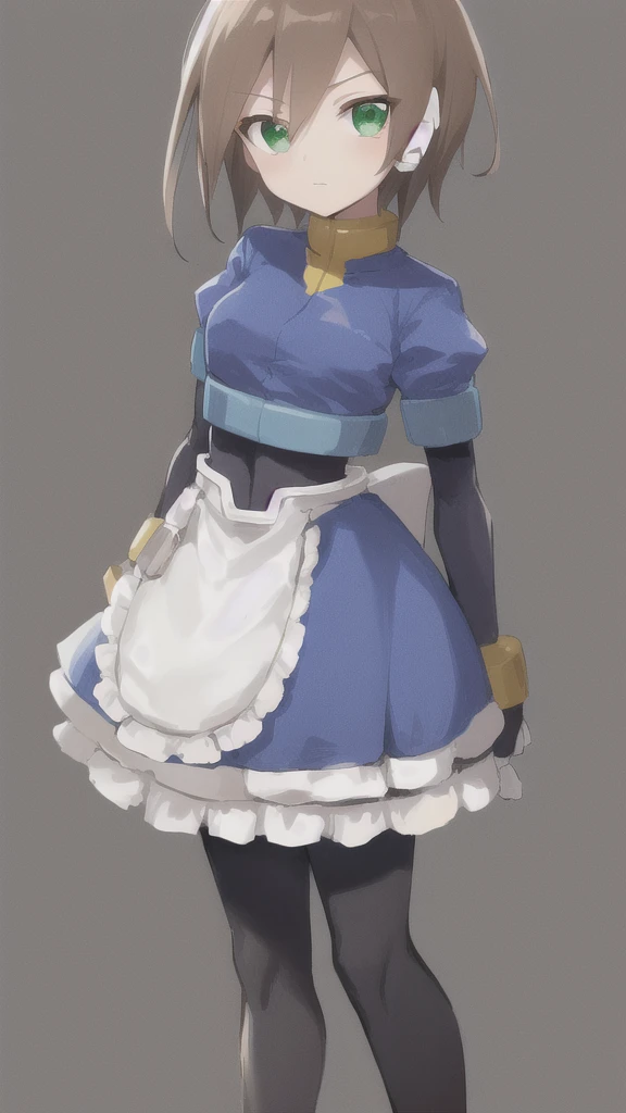 Aile_MegamanZX, 1girl, Looking at viewer, simple background, Brown hair, ,green eyes, Dressed as a maid