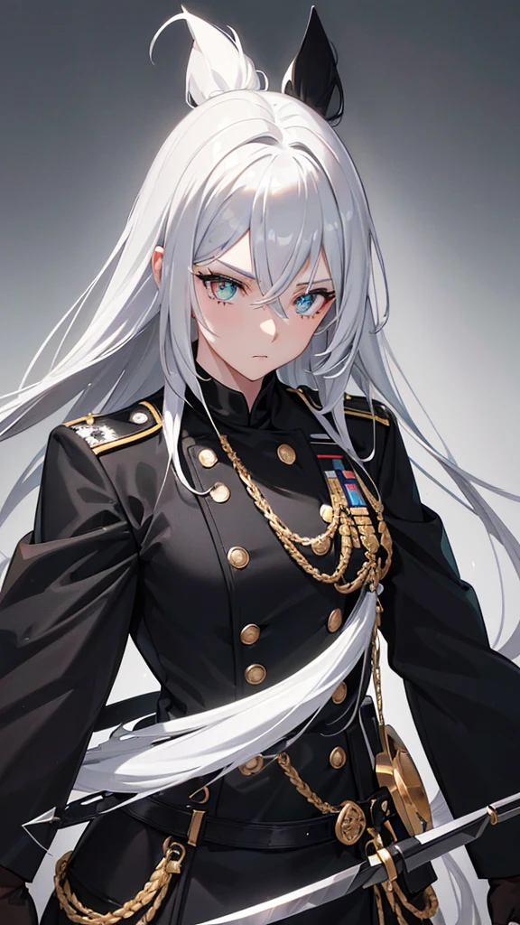 (black and white hair, black military uniform, black gloves, amber long knife, silver and amber heterochromatic eyes, illustrations, high-res, ultra-detailed, realistic)