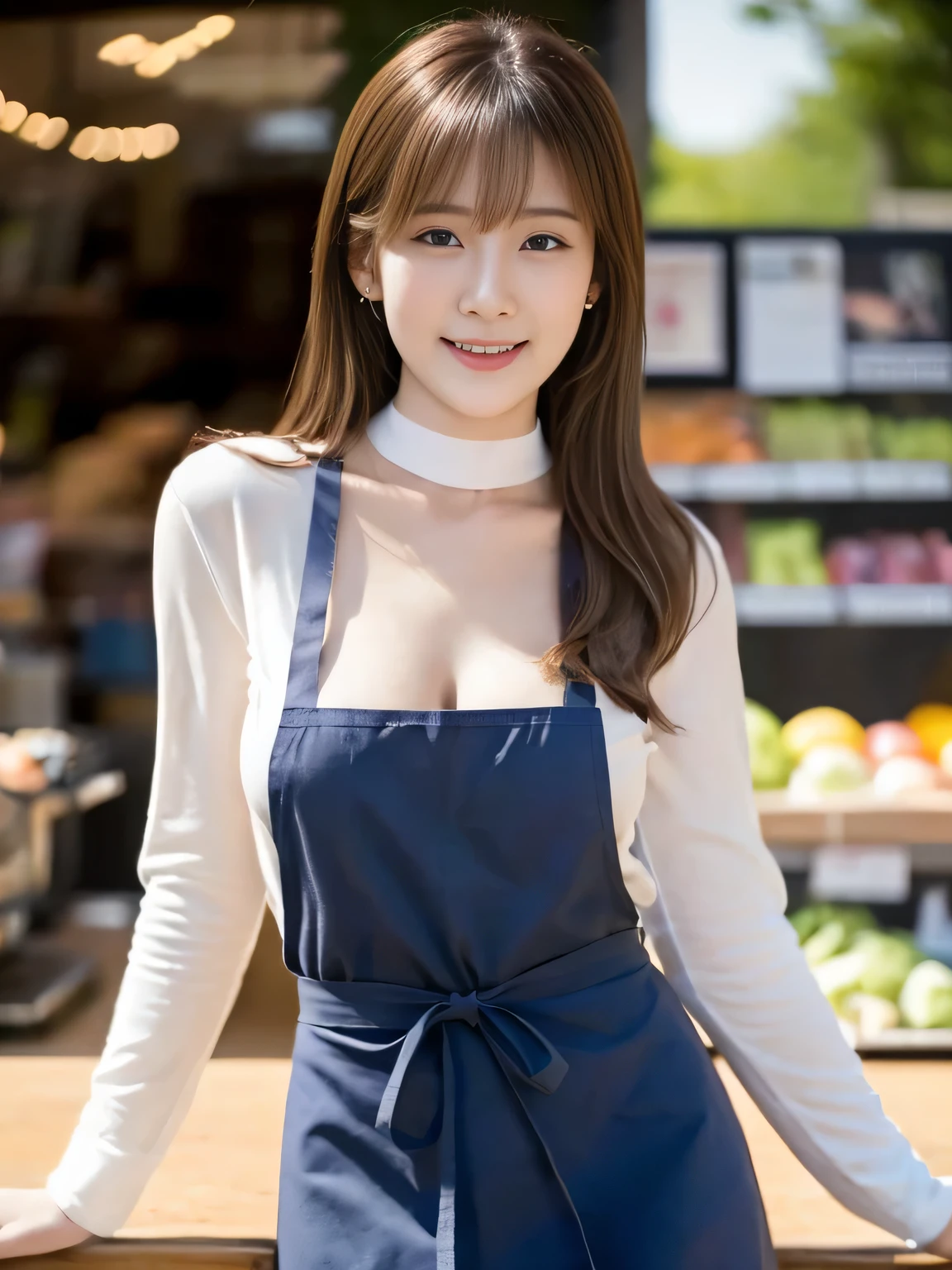 highest quality,masterpiece,Ultra-high resolution, (Realistic:1.4), girl, 18-year-old, (Firm breasts:1.2),  (Slim face:1.2, Narrow waist, Thin legs), Charm,  look at each other, Dynamic Shot, (black choker) , Long sleeve, (bangs), Blue Contact Lenses, smile, Big Breasts, ((The upper body is naked and only an apron is worn))、very long eyelashes, ((market)), (Nipples:-1)