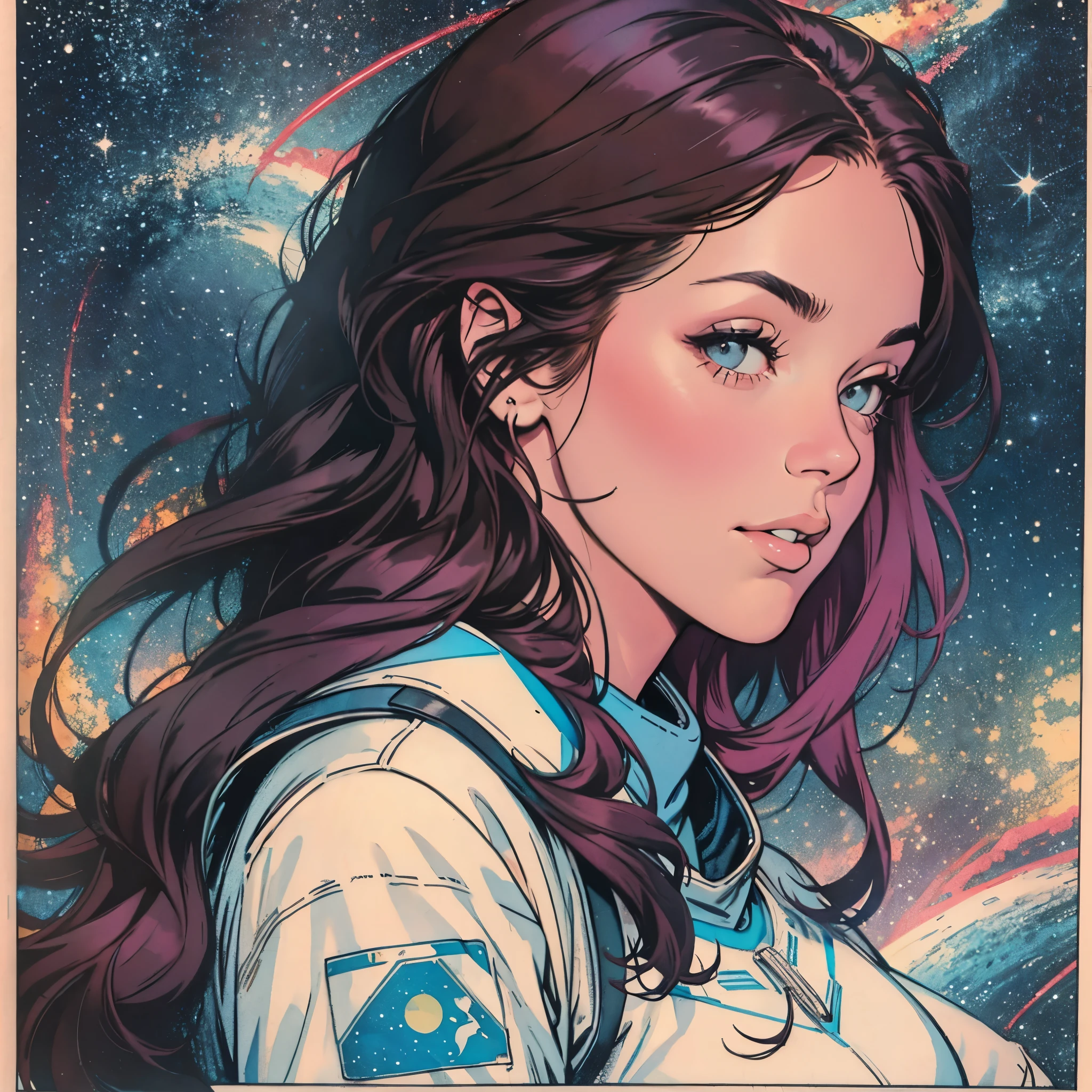 ultimate best quality,beautiful woman,speech bubble,big brest,(((galaxy))),60s,70s,80s,colorful,sky
