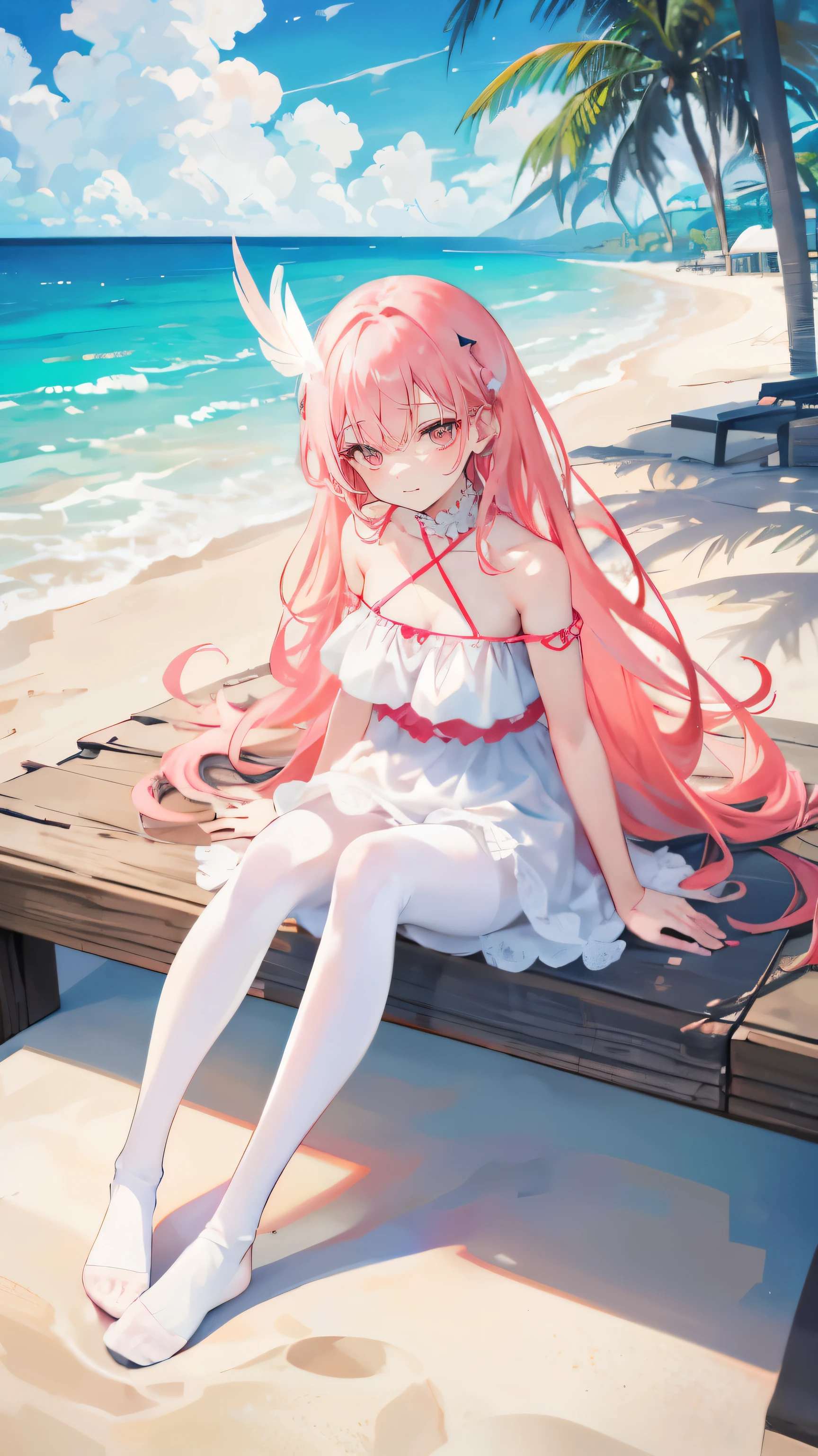 Coral pink hair，Long hair，hair over one eye，Gray eyes，feather hair ornament，cute，Girl，laughing expression，one-piece swimsuit，White silk pantyhose，White silk pantyhose，No shoes on your feet，Sitting on the ground，whole body，Don't show your arms，Background is beach，many clouds