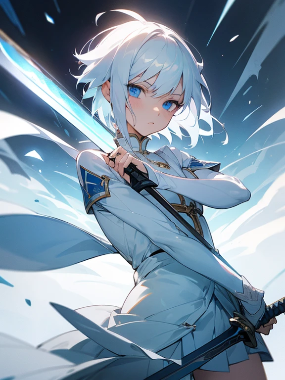 1girl, white hair, short hair, blue eyes, flat chest, determined expression, sword in hand, shining blade, silver sword, epic wind, white uniform, pleated skirt, masterpiece, ultra detailed, beautiful face, detailed eyes, dramatic lighting,