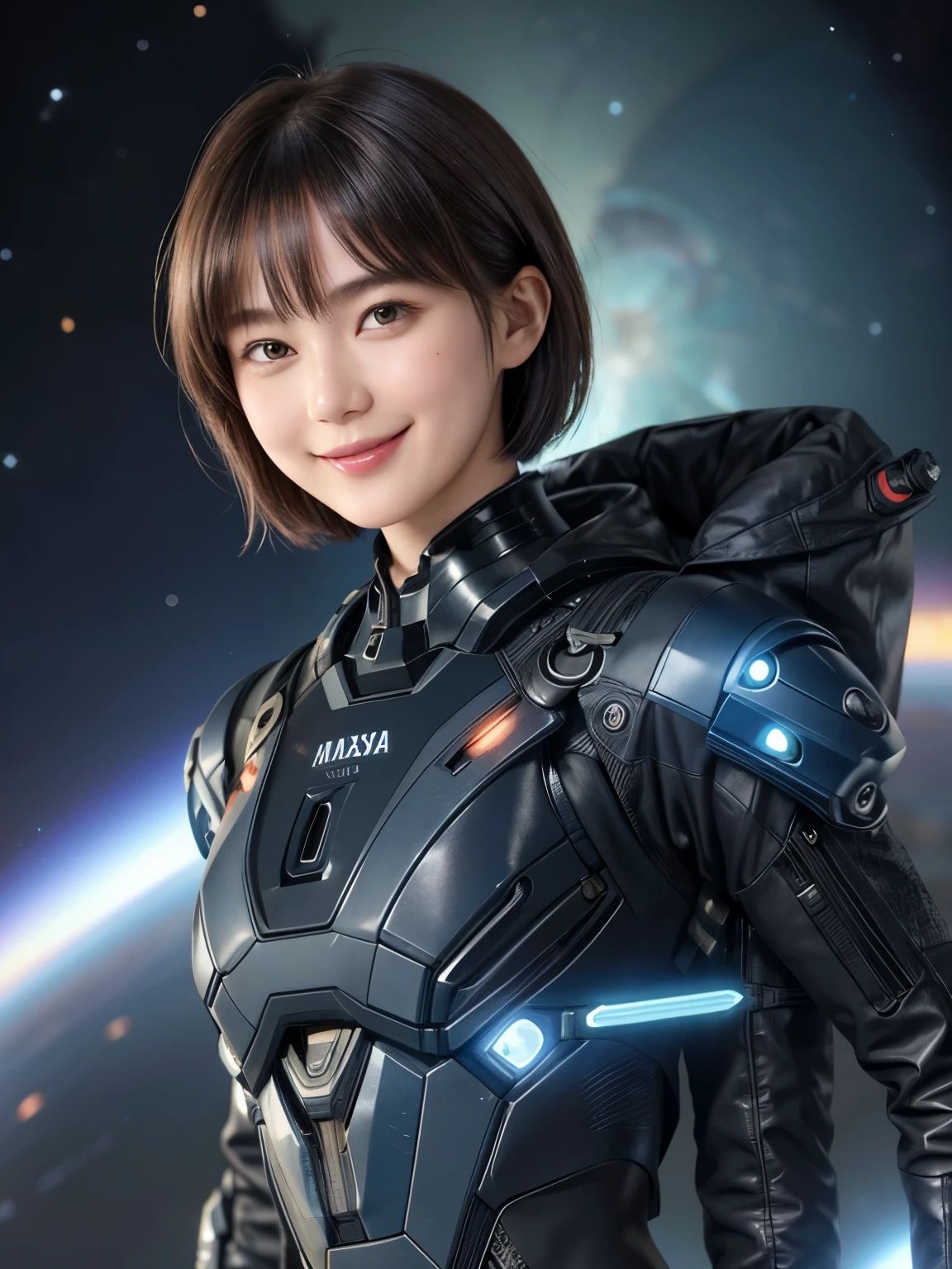 210 Short Hair, 20-year-old woman, Floral, A kind smile, Futuristic clothing, machinery suit, (The background is a galaxy and nebula), (Futuristic goggles)