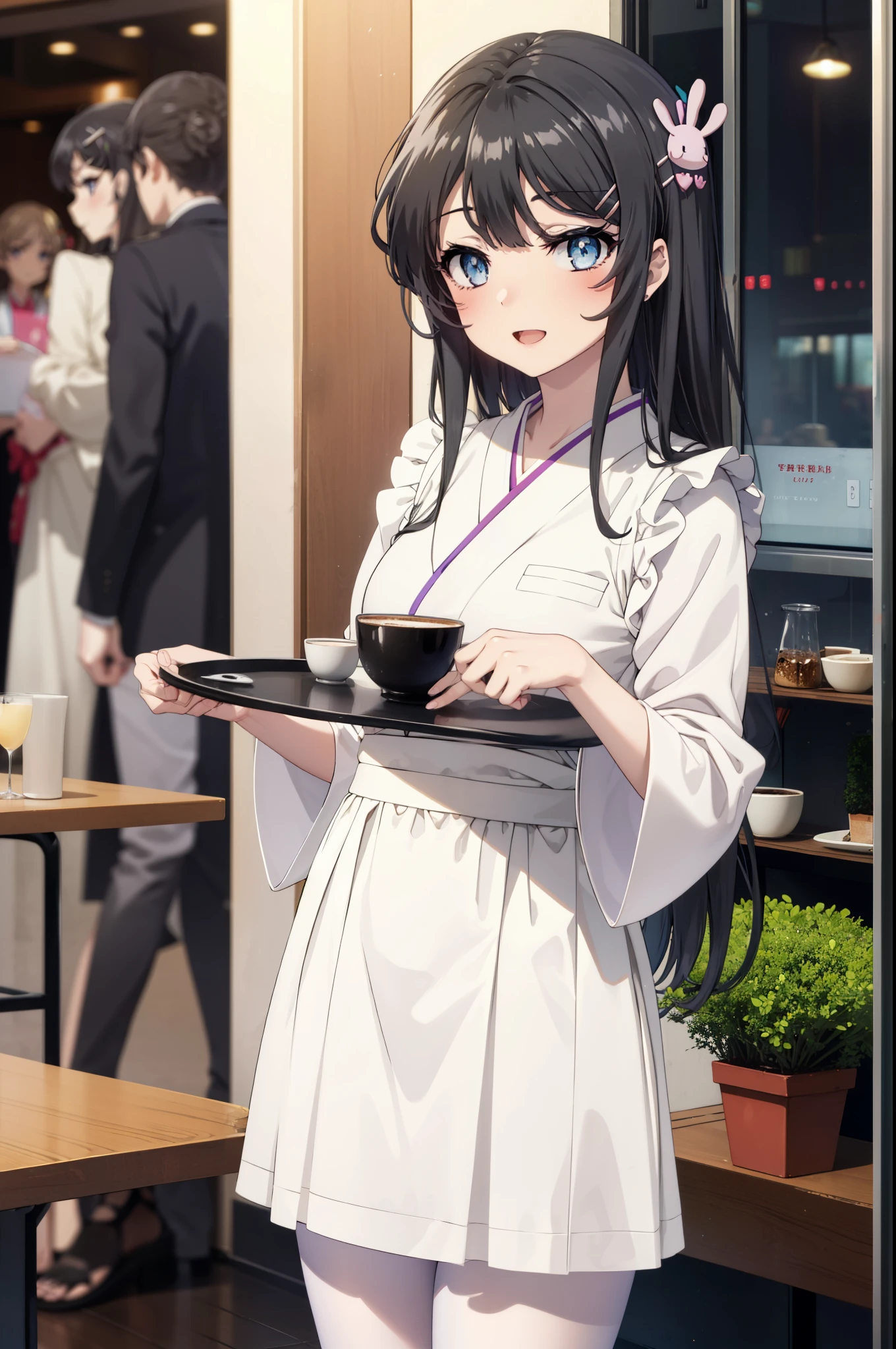 maisakurajima, Mai Sakurajima, Long Hair, bangs, (Black Hair:1.5), hair ornaments, (Purple eyes:1.1), Hair Clip, rabbit hair ornaments,
happy smile, smile, Open your mouth,blush,Idol-style white kimono,long furisode,White mini skirt,White tights,Sandals,tray, tray in one hand,A beautiful waitress with Long Hair comes to the table to take our order,It&#39;s as if your whole body is in the illustration.,Maid Headless, 　　　　　　　　　　　　break looking at viewer, (Cowboy Shot:1. 5) ,　　　　　　　　　　　　　　　　　　　　break indoors, coffee shop, break (masterpiece:1.2), highest quality, High resolution, unity 8k wallpaper, (shape:0.8), (Beautiful and beautiful eyes:1.6), Highly detailed face, Perfect lighting, Extremely detailed CG, (Perfect hands, Perfect Anatomy),