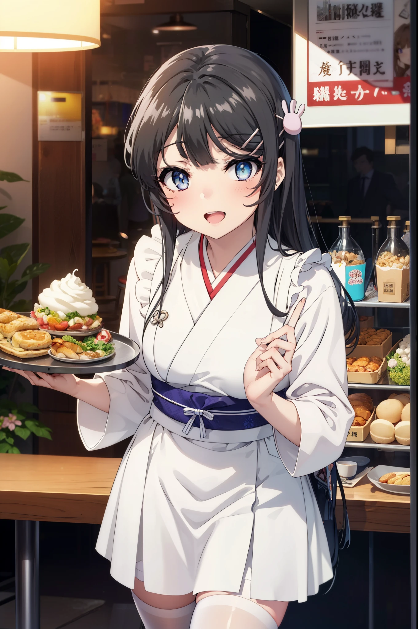 maisakurajima, Mai Sakurajima, Long Hair, bangs, (Black Hair:1.5), hair ornaments, (Purple eyes:1.1), Hair Clip, rabbit hair ornaments,
happy smile, smile, Open your mouth,blush,Idol-style white kimono,long furisode,White mini skirt,White tights,Sandals,tray, tray in one hand,A beautiful waitress with Long Hair comes to the table to take our order,It&#39;s as if your whole body is in the illustration.,Maid Headless, 　　　　　　　　　　　　break looking at viewer, (Cowboy Shot:1. 5) ,　　　　　　　　　　　　　　　　　　　　break indoors, coffee shop, break (masterpiece:1.2), highest quality, High resolution, unity 8k wallpaper, (shape:0.8), (Beautiful and beautiful eyes:1.6), Highly detailed face, Perfect lighting, Extremely detailed CG, (Perfect hands, Perfect Anatomy),