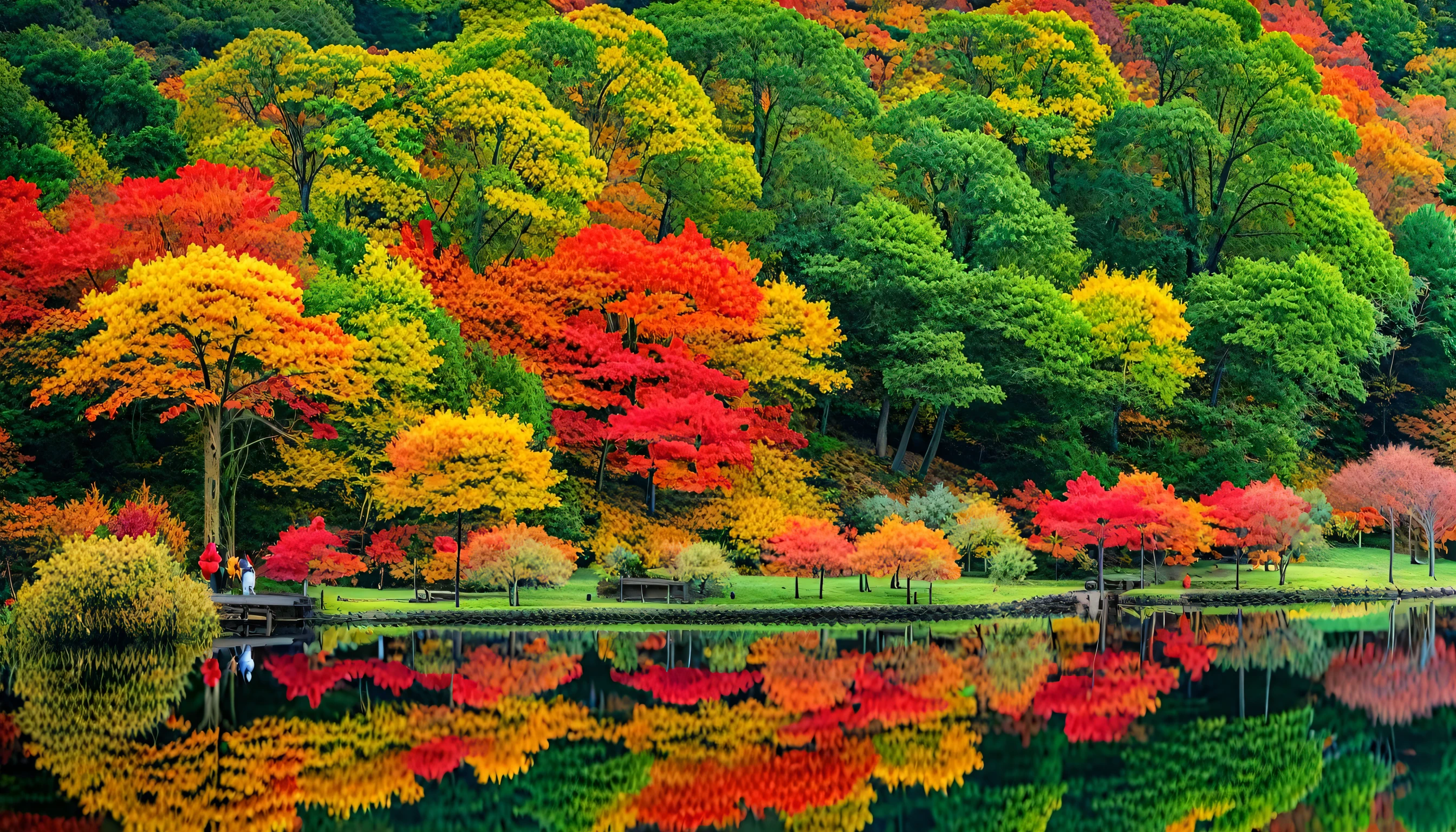 Autumn view,Peaceful pond in the forest。The pond is surrounded by green trees、gold medal、Reddish color、Orange Leaf Tree々have、Some trees still retain their summer greenness.。The pond's surface reflects the surrounding colors,、Looking through the gap,Blue sky、Add blue spots to the water surface。A gentle breeze blows the leaves,、You can feel the sounds and smells of the autumn forest。 Create a 16 by 9 image