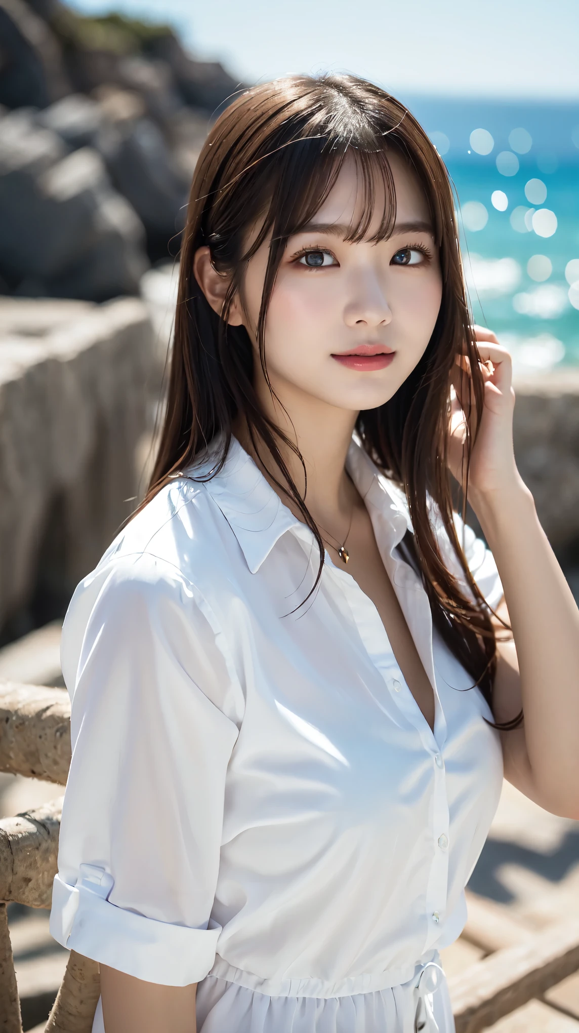 Oversized white collared shirt、He&#39;s wearing nothing but a shirt、full body shot、Complex and beautiful eyes、woman、womanらしい髪型、Natural color lip、Big Breasts、valley、bold and sexy pose、smile、Ocean、((18歳woman:1.2))、Young adorable Japanese face, Official Art，Highly detailed CG Unity 8k wallpaper，（masterpiece:1.0),(highest quality:1.0), 超A high resolution,4k,Very detailed, photo shoot, 8K, nffsw, High resolution, Kodak Portrait 400, Film Grain, Lens Flare Glow,高いest quality,8K,nffsw:1.2),Portrait Shot,8K、View Viewer