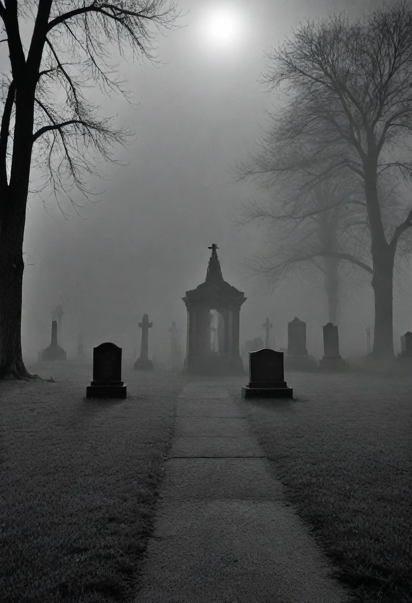 vintage, black metal style vintage distressed black and white xerox of an evil cemetery at night with fog sorrounding the graves, seen from below, {{{masterpiece}}}, best quality, {{top quality}}, (black metal album cover), black and white pencil ansel adams picture of the experience of madness in the context of depression