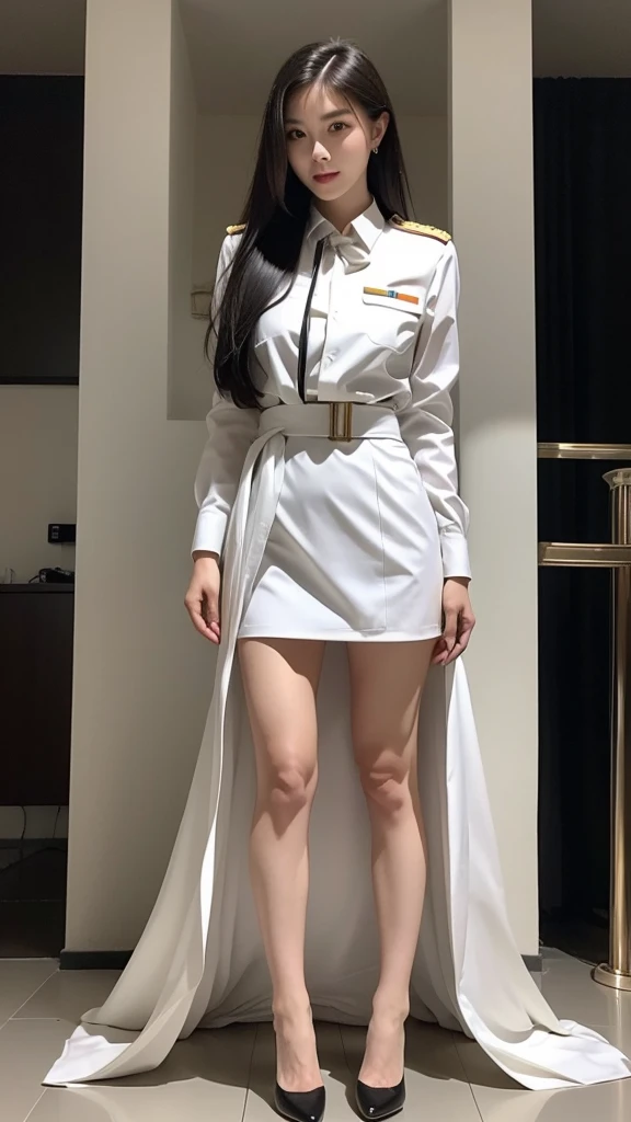 Beautiful girl with two meter long hair, long black hair, สวมsuit, สวมsuit over it., Turn off all buttons., (White women&#39;suit), (white shirt), (Thai women&#39;black tie), (Military rank insignia), (white short skirt), tight, (Dynamic posts), Full body, (big breasts, Thin body, small waist, hips raised, small thighs, Long legs), A gigantic rift, black high heels, 