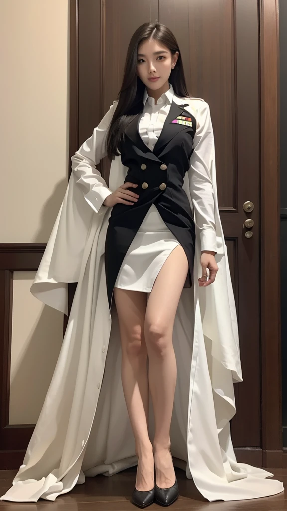 Beautiful girl with two meter long hair, long black hair, สวมsuit, สวมsuit over it., Turn off all buttons., (White women'suit), (white shirt), (Thai women'black tie), (Military rank insignia), (white short skirt), tight, (Dynamic posts), Full body, (big breasts, Thin body, small waist, hips raised, small thighs, Long legs), A gigantic rift, black high heels,