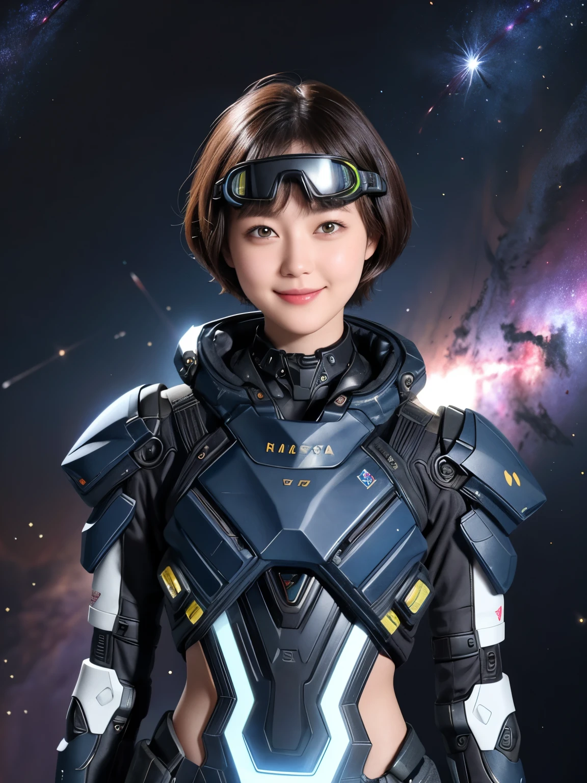 210 Short Hair, 20-year-old woman, Floral, A kind smile, Futuristic clothing, machinery suit, (The background is a galaxy and nebula), (Futuristic goggles)