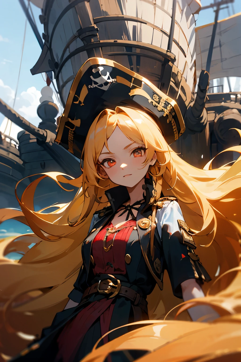 Woman with long golden hair, crimson eyes and pirate clothing
