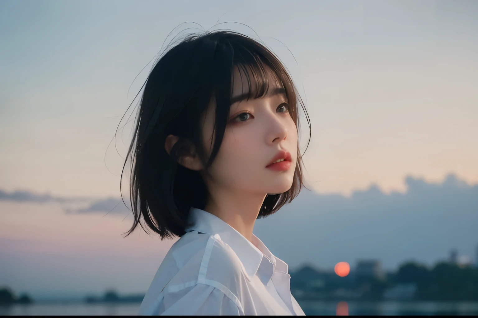 From the side, Blue Hour, Beautiful sky, soft cinematic light, Side light, 1 girl, (Floating Medium Hair), White collared shirt, masterpiece, highest quality, RAW Photos, sigma 50mm f1.4, Candid,