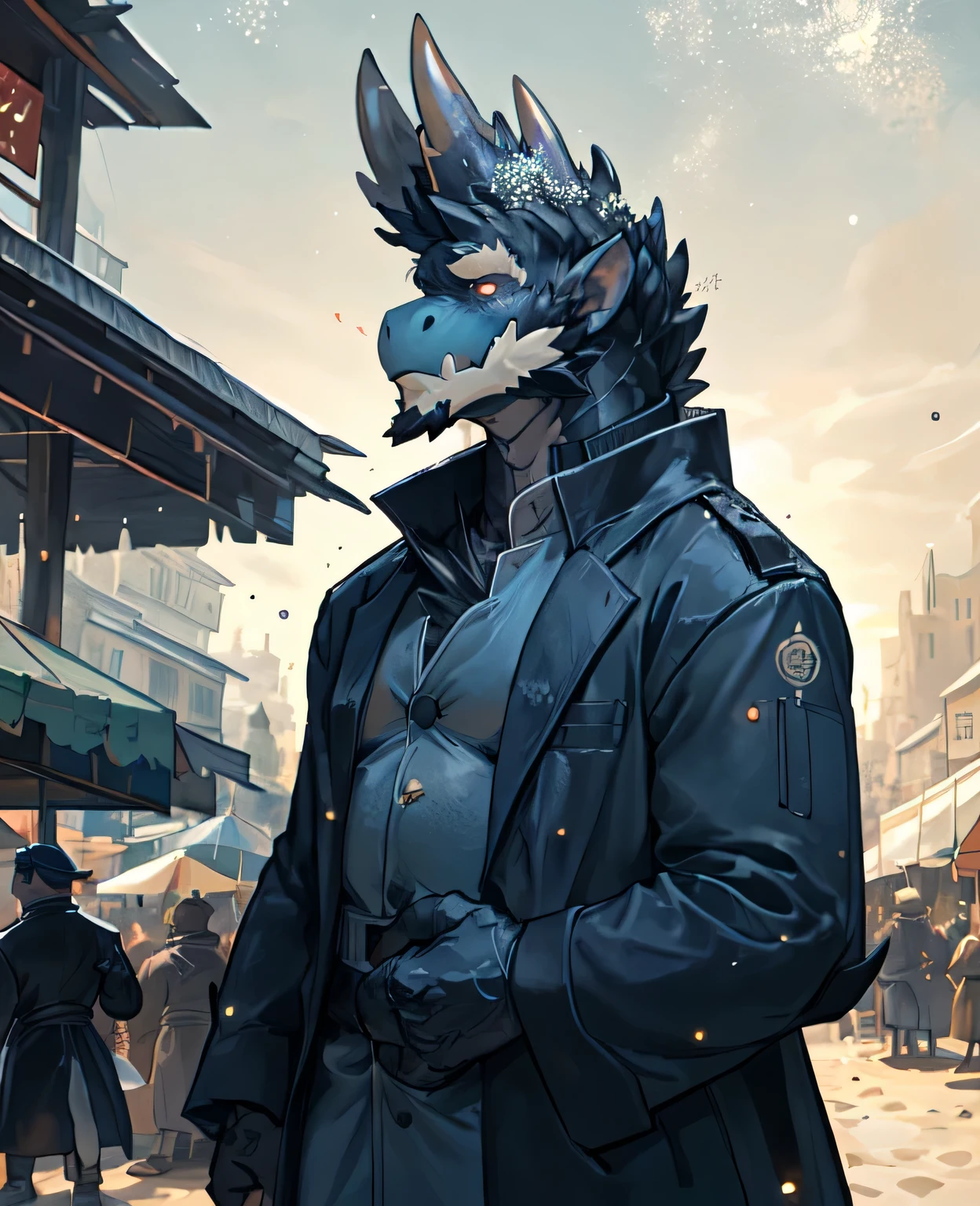 Dough, chef'artwork, official art, dragon, horn, queue, layer, muscle, fort, I, no, coat, dequeueed eyes, Upper Body, (Half-length portrait), market, bain ther male, Light Particles, Pino Deheny, Michael & Inessa Garmash, Yes,(Hands are claws),dragon claws