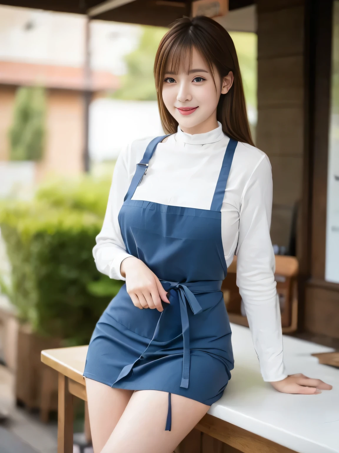 highest quality,masterpiece,Ultra-high resolution, (Realistic:1.4), girl, 18-year-old, (Firm breasts:1.2), (Slim face:1.2, Narrow waist, Thin legs), Charm, look at each other, Dynamic Shot, (black choker) , Long sleeve, (bangs), Blue Contact Lenses, smile, Big Breasts, ((Naked and wearing only an apron))、very long eyelashes, ((market)), (Nipples:-1)