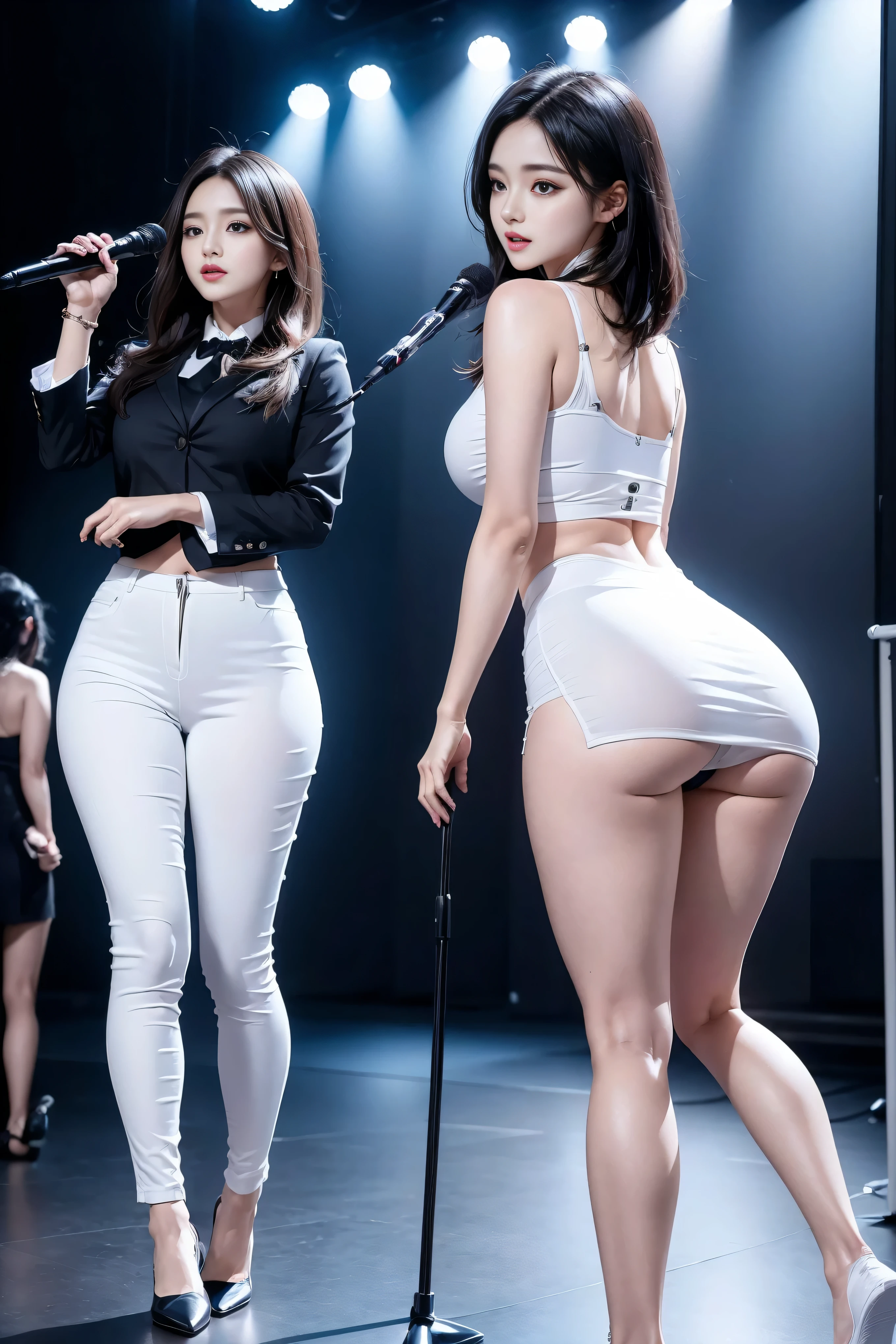 （8k，best quality，masterpiece，practical，Super detailed：1.3），（1 girl，Beautiful Korean girl, Korean pop idol），（Black suit jacket：1.2），（White skinny trousers：1.1），（Serious expression：1.2）discuss，（speech，handheld microphone：1.2）（crowd，audience：1.3），Sexy long legs， （thigh gap：1.5），Wide hips，S-Shaped Body， Buttocks raised，，black hair，（Ass Focus：1.1）Shot from behind