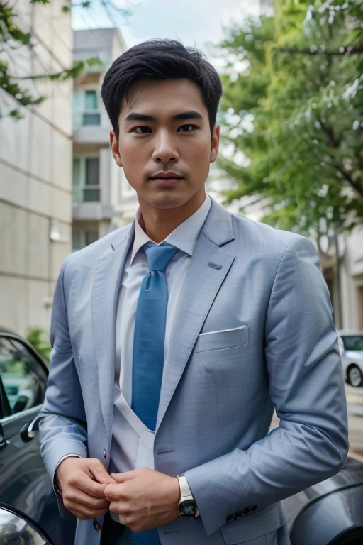 (One wearing a full light blue striped suit、White shirt、Tie、About 25 years old、Japanese men with a height of 180 cm)、best quality、masterpiece、Ultra-high resolution、(Photo realism:1.4)、original photo、(戶外街道上One wearing a full light blue striped suit、White shirt、Tie的年輕英俊的日本男人、Standing under the red maple tree、Red and big maple leaves、delicate leaves、branch details)、(There is a white BMW car next to the man、Man's hands on car roof) shadow、Octane Rendering、8K、Super sharp、realistic light、(There is only one white BMW car on the street、man's shining eyes、looking in the direction of the camera)、LED、Ultra high quality、High、gentleman、very beautiful hair、bright photos、As handsome as a model、As handsome as an idol,Professional profile photo, Professional portrait photos、Realistic portrait photos, Detailed color portrait, Portrait of an idol, High quality portrait.