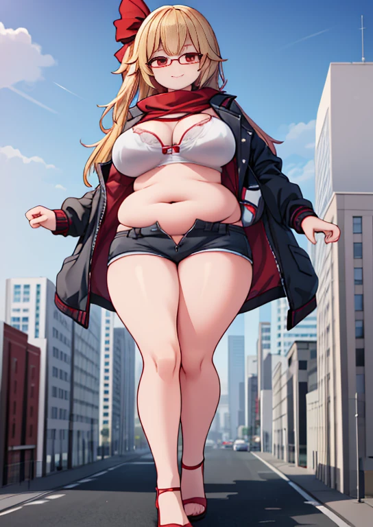 (masterpiece, best quality, highly detailed), 1girls, big belly, huge belly, art by kipteitei, round belly, chubby, curvy, belly grab, enormous belly, fat belly, thicc, bigger belly, really big belly, jiggly belly, glasses, unzipped jacket, (no shirt), bra, thight shorts, high heels, smug face ((full body)), long hair, dominant, giantess, Flandre scarlet