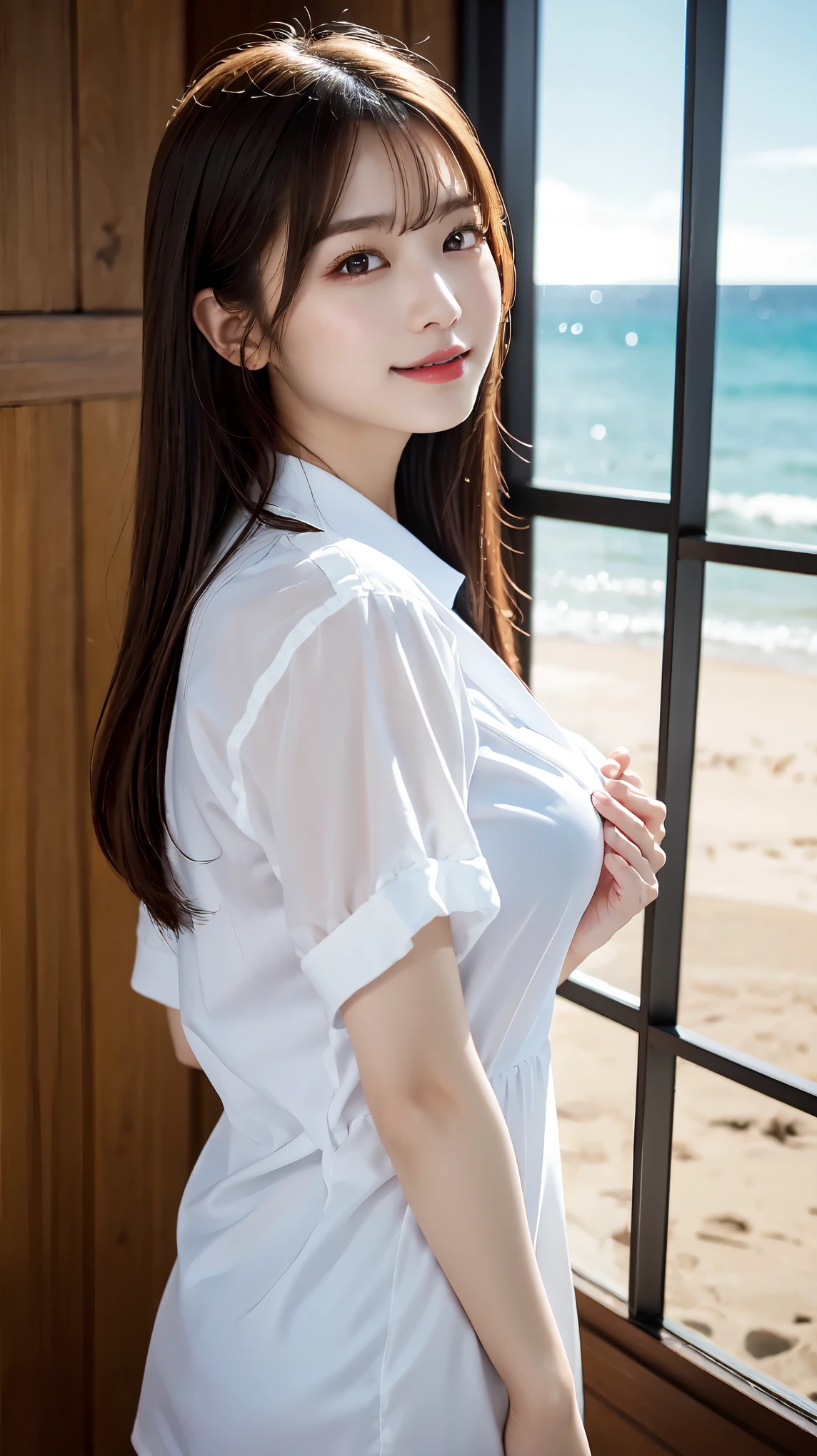 Oversized white collared shirt、He's wearing nothing but a shirt、full body shot、Complex and beautiful eyes、woman、womanらしい髪型、Natural color lip、Big Breasts、valley、bold and sexy pose、smile、Ocean、((18歳woman:1.ung adorable Japanese face, Official Art,Highly detailed CG Unity 8k wallpaper,(masterpiece:1.0),(highest quality:1.0), 超A high resolution,4k,Very detailed, photo shoot, 8K, nffsw, High resolution, Kodak Portrait 400, Film Grain, Lens Flare Glow,高いest quality,8K,nffsw:1.2),Portrait Shot,8K、View Viewer