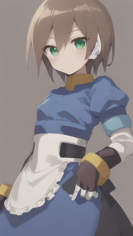 Aile_MegamanZX, 1girl, Looking at viewer, simple background, Brown hair, ,green eyes, Dressed as a maid 