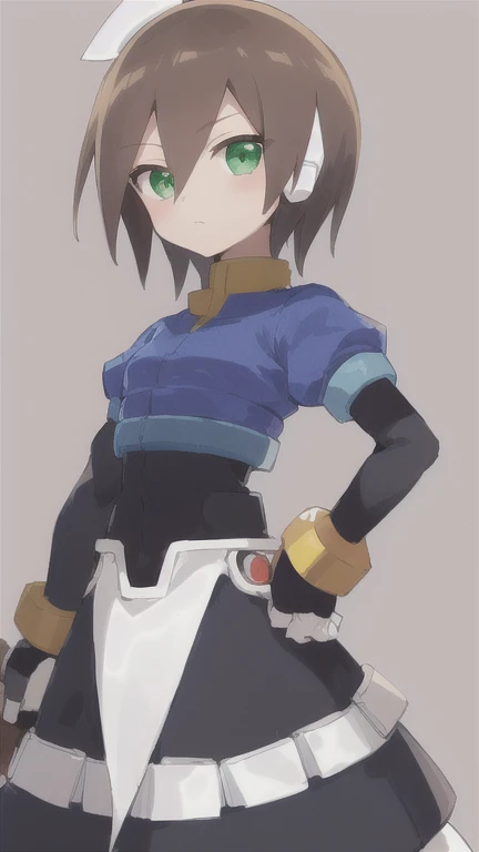 Aile_MegamanZX, 1girl, Looking at viewer, simple background, Brown hair, ,green eyes, Dressed as a maid