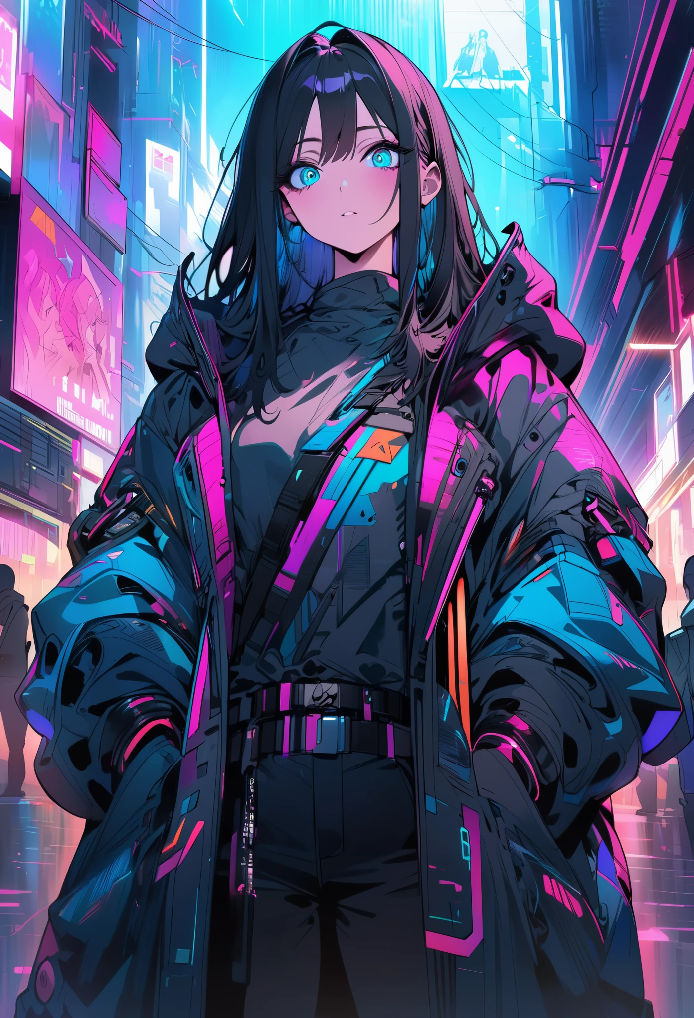 (best quality, ultra-detailed:1.2), cyberpunk, black hair, long hair, business shirt, belt, hooded coat, perfectly detailed clothing, perfect illustration, subtle anime-style, sketched, highly modern anime style, anime shading, semi-realistic anime style, anime-style character, anime-inspired drawing, neon color, detailed eyes, deep detailed eyes, ultra detailed, 8k, masterpiece