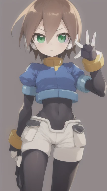 Aile_MegamanZX, 1girl, Looking at viewer, simple background, Brown hair, ,green eyes, Dressed as normal