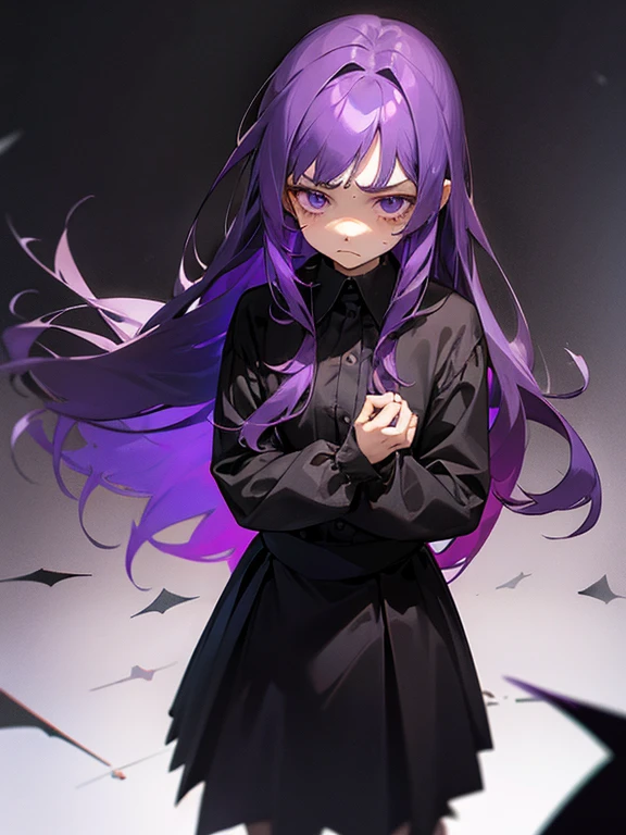 1girl, , 12 years old, purple hair, long hair, downtrodden, sad expression, guilt, demon, black outfit