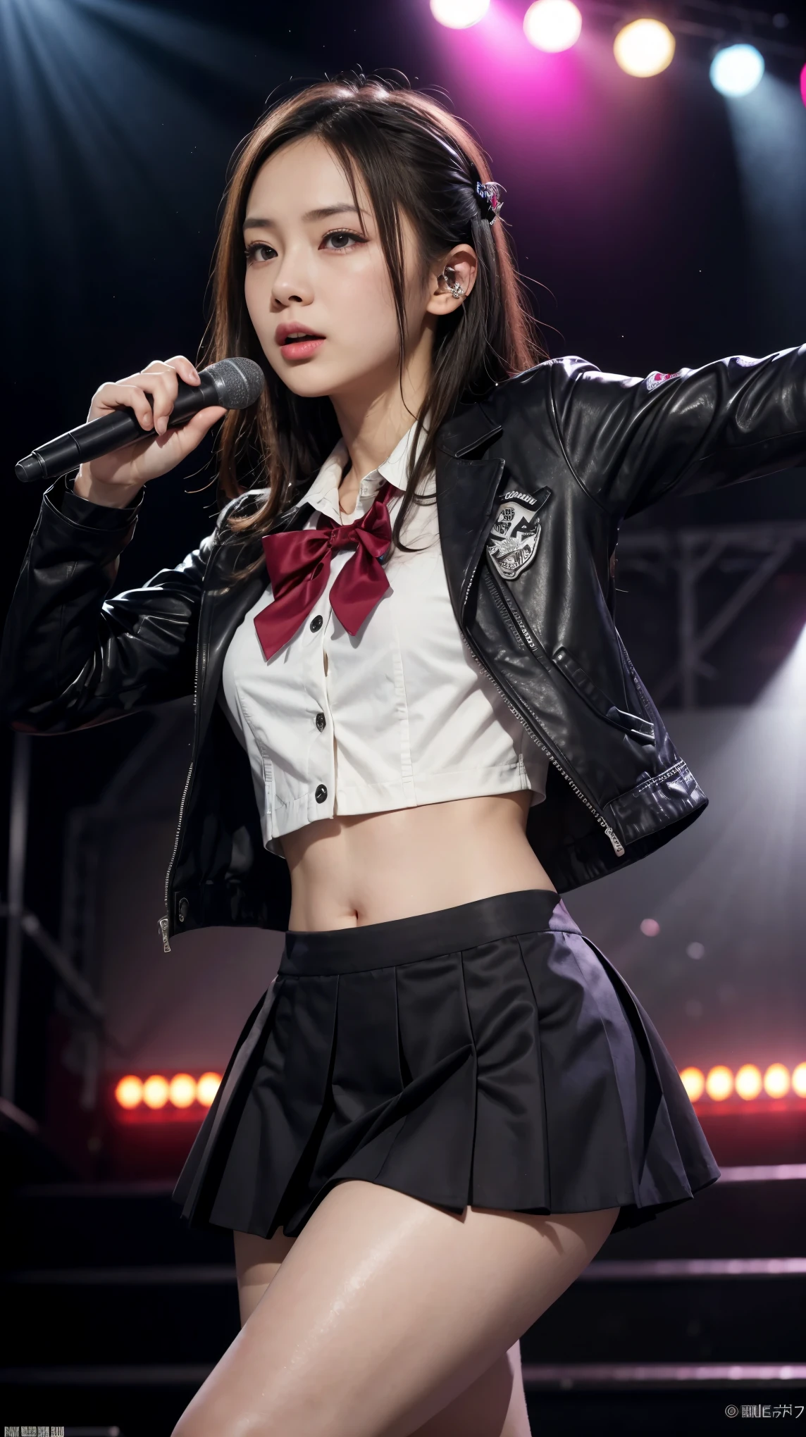 highest quality,masterpiece,Ultra-high resolution,(Actual:1.4),Original photo,Ultra-high resolution,8K,Dogenzaka 69,A live costume of a high school girl's uniform mini skirt,Live costume: high school girl uniform jacket,Intense sexy dance poses,Girl Idol,Concert Venues