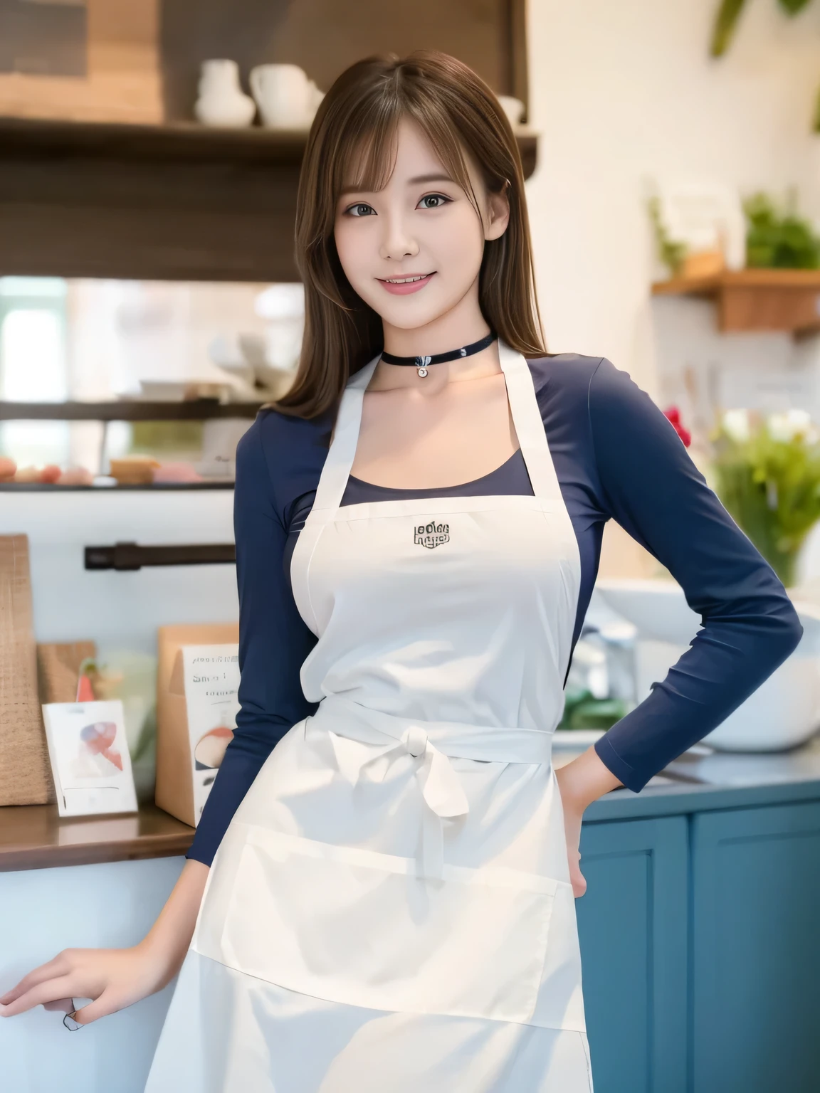 highest quality,masterpiece,Ultra-high resolution, (Realistic:1.4), girl, 18-year-old, (Firm breasts:1.2),  (Slim face:1.2, Narrow waist, Thin legs), Charm,  look at each other, Dynamic Shot, (black choker) , Long sleeve, (bangs), Blue Contact Lenses, smile, Big Breasts, ((Naked with an apron))、very long eyelashes, ((market)), (Nipples:-1)