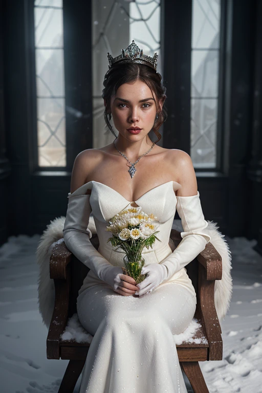 Full body portrait of a painting Daisy Ridley with a crystal and roses, sitting in crystal throne, by Eddie Mendoza, zbrush central contest winner, gothic art, the queen of hearts and snow, white furs, mobile wallpaper, anton semenov, with a silver crown, tanned skin, natural colors art in 8k