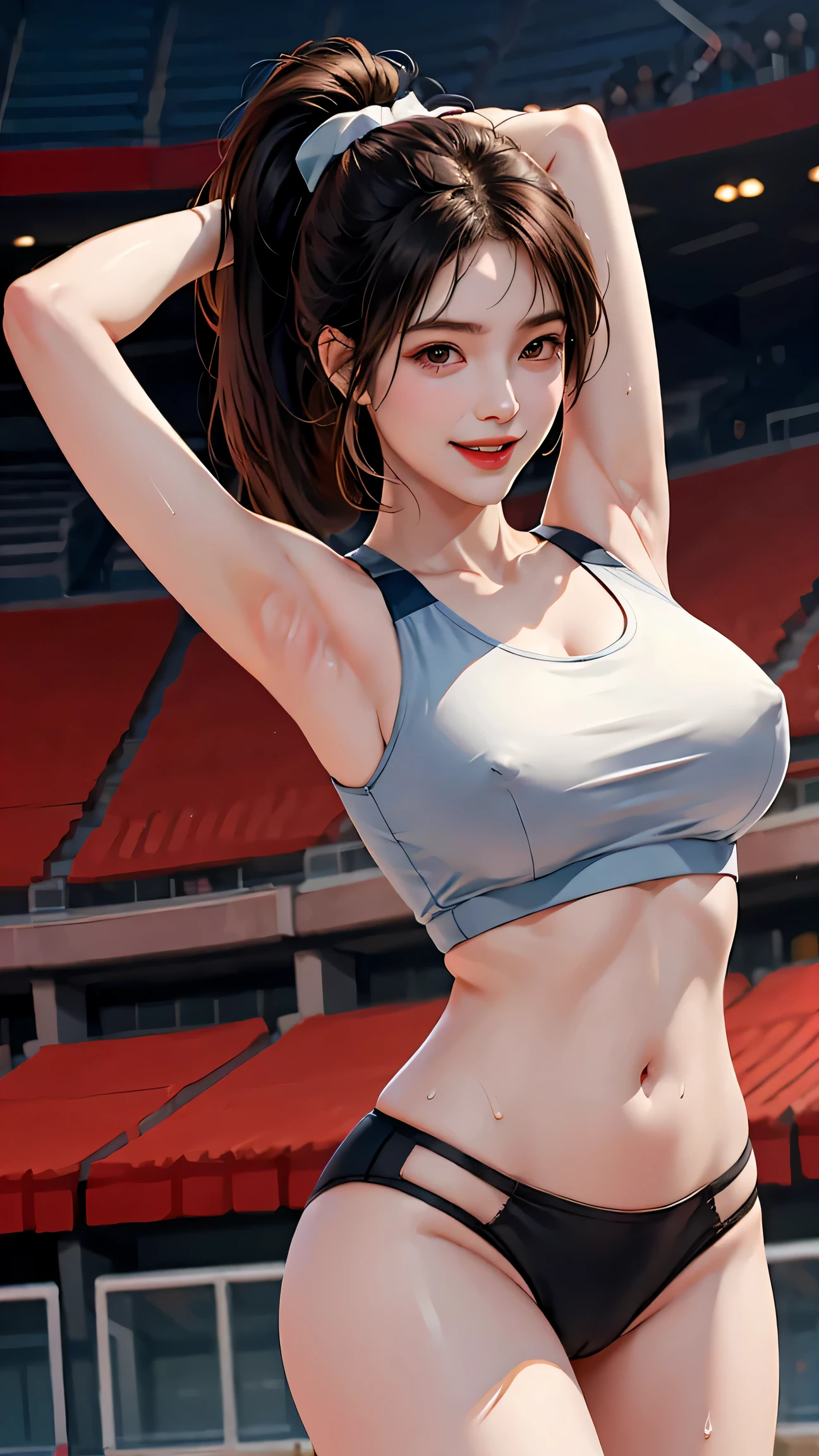 highest quality、movie lighting、 Girl in sports bra and sports panties、((Big Breasts))、Fine Lines、Raise your arms、Stadium、smile、expensive、、Sweaty、black hair ponytail、Narrow waist,Erect nipples