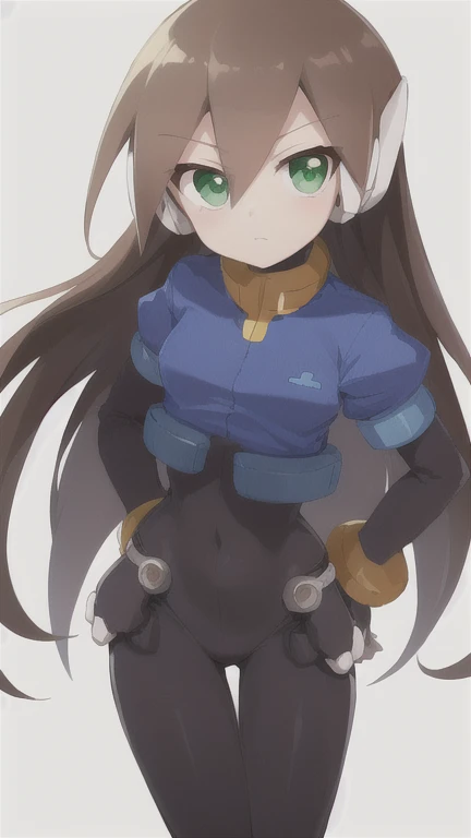 Aile_MegamanZX, 1girl, Looking at viewer, simple background, Brown hair, ,green eyes, Dressed as normal