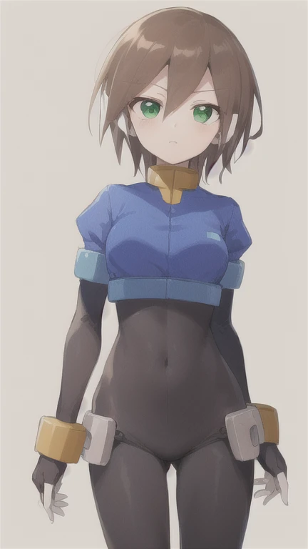 Aile_MegamanZX, 1girl, Looking at viewer, simple background, Brown hair, ,green eyes, Dressed as normal