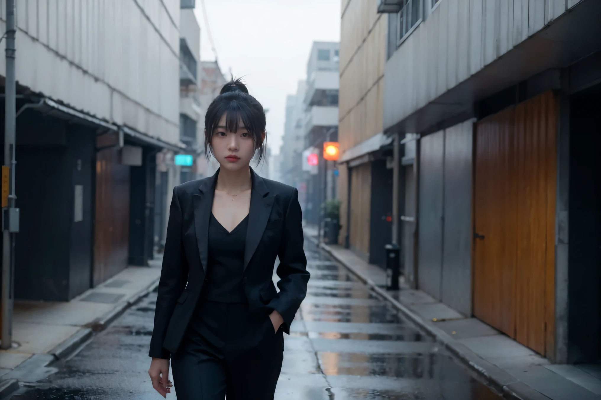 Tech Black, Calm cyberpunk style, A vacant alley with good texture, Walking girl, thin:1.2, ponytail_weave_Hairstyle, bangs, Navy Silk Business Suit, pants suit, Candid, masterpiece, highest quality, RAW Photos, sigma 50mm f1.4, Diffused light on a cloudy day