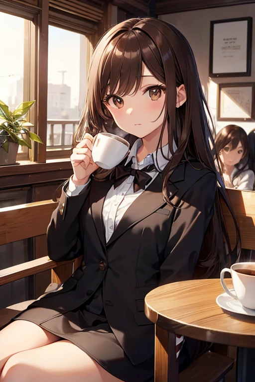 highest quality, High resolution,thin、Small face、Brown eyes、expensive、brown hair、Long Hair、Coffee shop、New Graduates、young woman、suit、Long Hair、Sit in your seat、Coffee cup、During a break