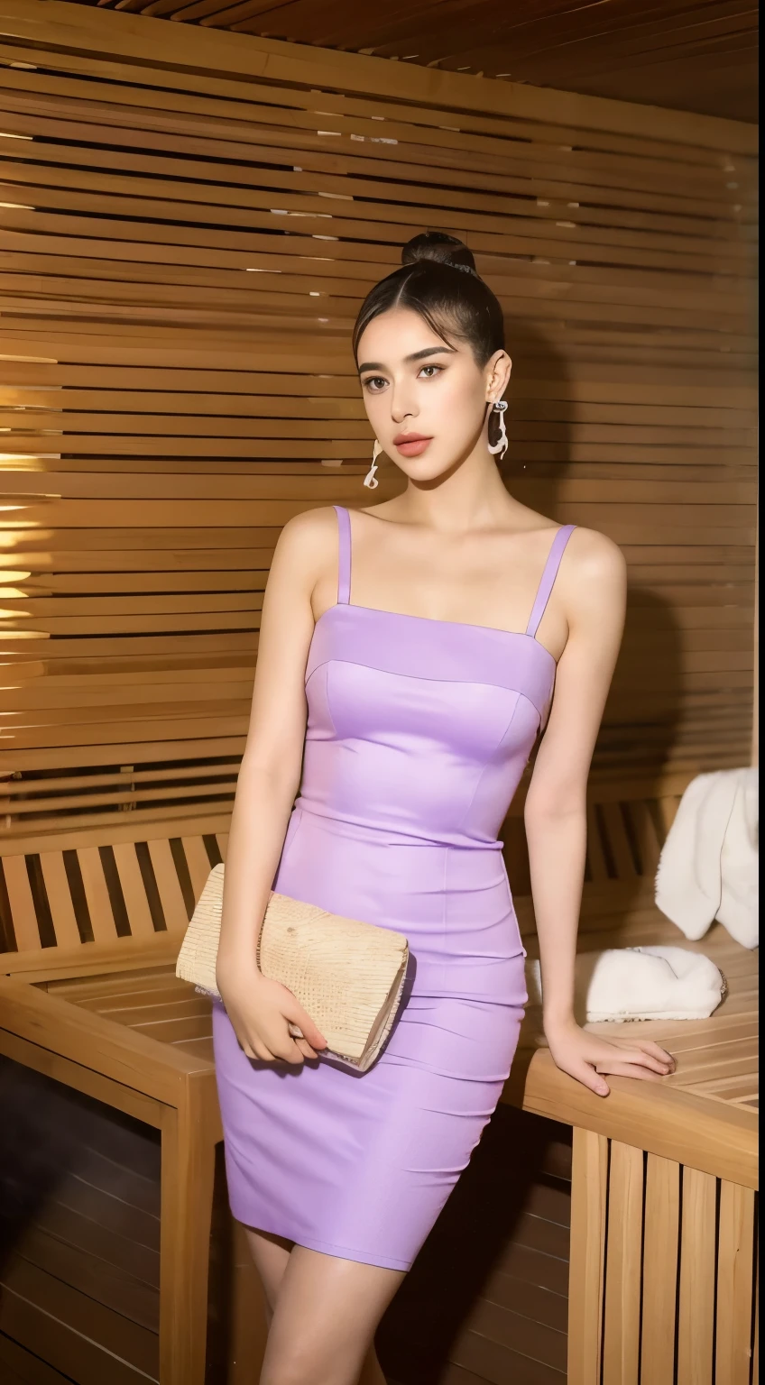uma foto de corpo inteiro, from afar of an araffe dua lipa girl in a lilac tube dress and straw clutch in her hand, em uma sauna organica, 8k melhor qualidade,
Preparando