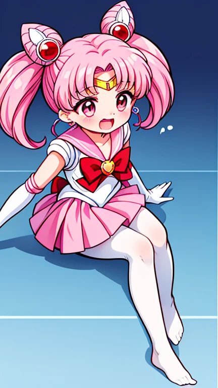 Sailor Moon,young年,Seven years old,cute,(Little Loli),Pink hair twintails,short hair,Sailor Suit,red bow,White elbow gloves,Red Skirt,no shoes,Open your mouth,laughing out loud,Fangs,(White pantyhose),soles of feet,Soles,(young),(The body is small and delicate)