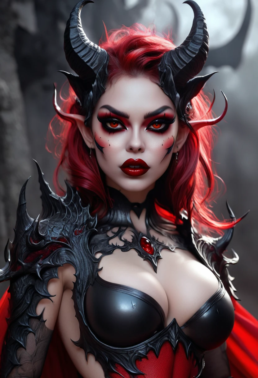 Realistic Beautyfull evil demonic sexy demented devil women,beautiful seductive facial expression,gorgeous facial features, highly detailed red skin, large curled devil horns, think curved jet black eyebrows, long luscious eyelashes, thick black eyeliner, jet black eye shadow, thick jet black lipstick,large hyper realistic detailed red eye, thin detailed little nose, high cheek bones, Cleft chin, small areolas, small perky darkred nipples,  large voluptuous curved breasts, elegant figure, seductive hips, demonic devil outfit, large detailed demon wings,