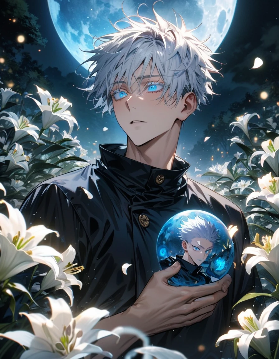 absurdres, highres, ultra detailed, HDR, master piece, best quality, Gojo Satoru, white hair with bangs, expressive blue eyes, white eyelashes, Jujutsu Kaisen, 1man, handsome, holding Eve from Pokemon, petals, white lilies, moon, fireflies