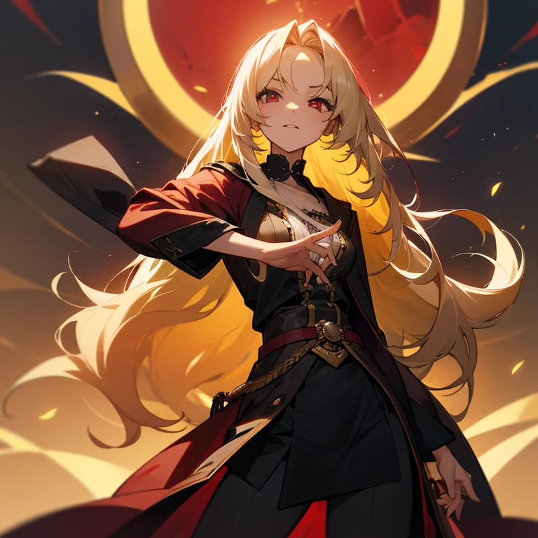 Woman with long golden hair and crimson eyes and pirate clothes