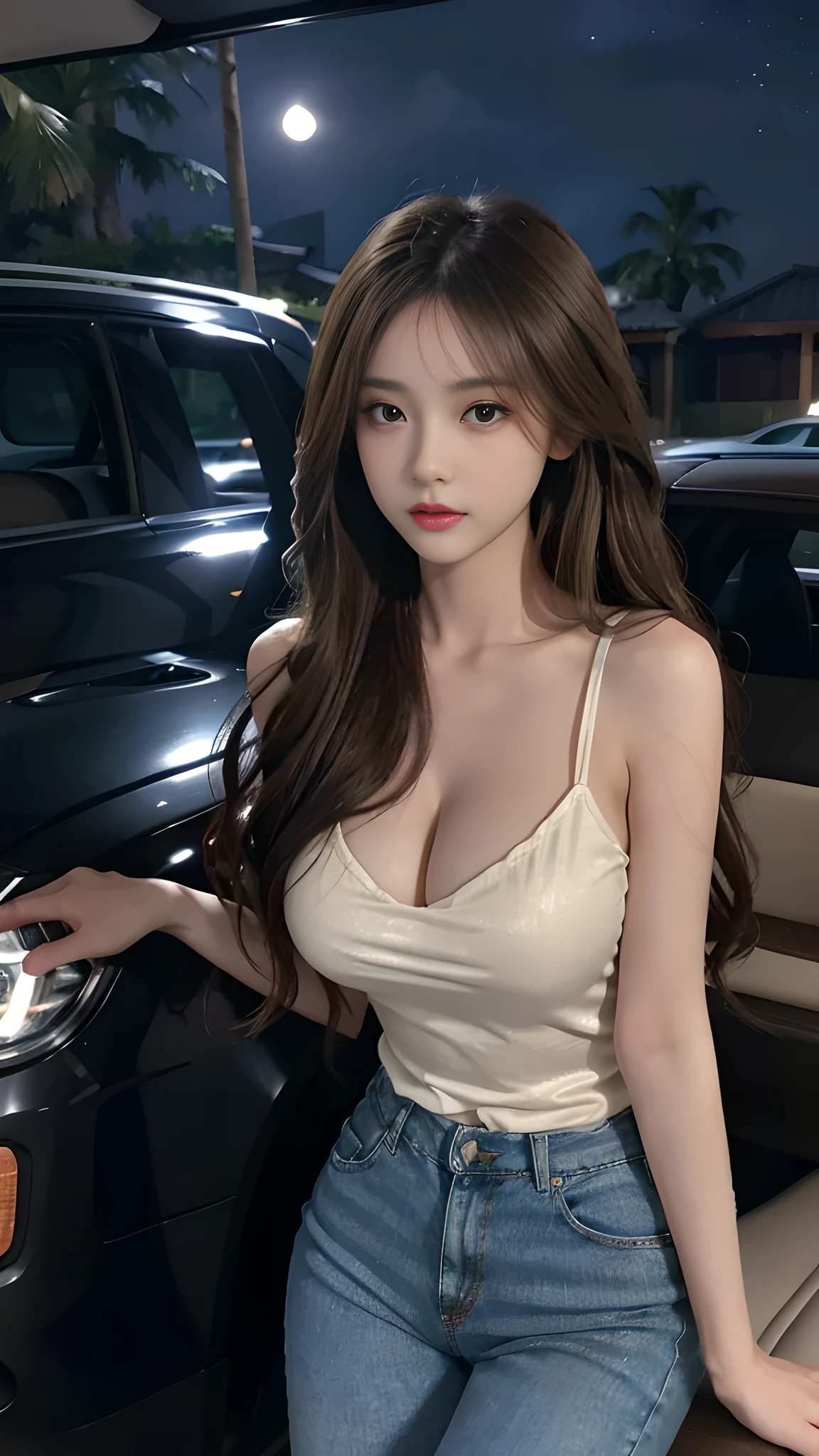 full hd 8k, Girl standing in front of a dark night scene, full moonlight reflecting on her beautiful face. Her long, silky hair was gently blown by the night wind, creating a gentle and romantic feeling. Next to her is a luxury car, showing her success and class. She looked up at the starry sky, as if searching for something, her eyes showed contemplation and loneliness. The full moon shines in the night sky creating a beautiful scene. The girl has long, silky hair, creating a luxurious and noble beauty. The moonlight shines on the girl's delicate face, highlighting her large, round light brown eyes, creating a natural, gentle beauty. She wore a shirt and short jeans, short jeans, showing off her seductive and luxurious beauty. Her plump breasts were exposed, revealing her plump and extremely sexy breasts. These images capture detailed panoramic portraits and views of the sky and cars. All create a beautiful, wonderful picture that makes people unable to take their eyes off the scene. All these details are described clearly and sharply, sexyly poses