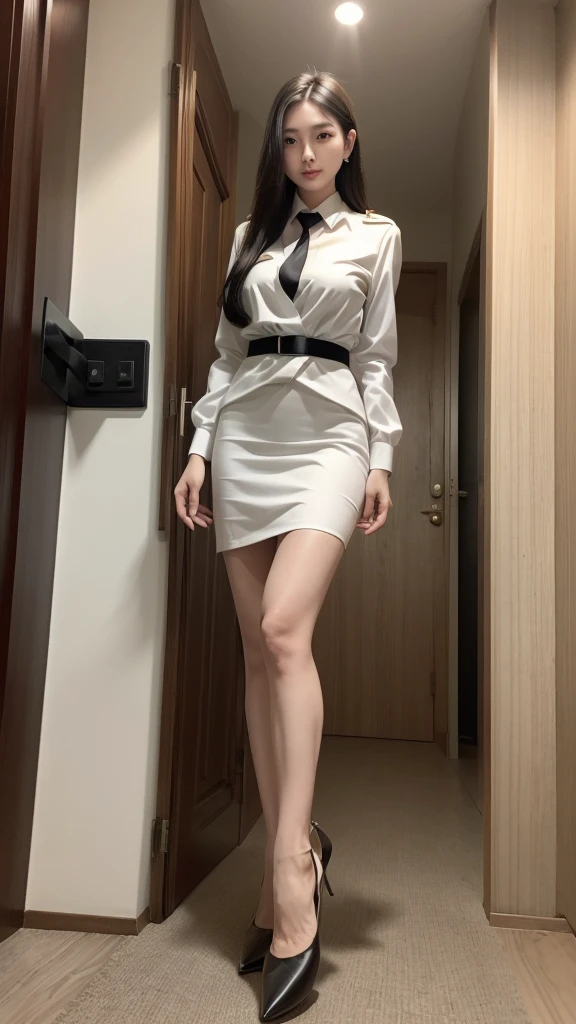 Beautiful girl with two meter long hair, long black hair, สวมsuitนักธุรกิจหญิง, สวมsuit over it., Two-button style, tie black tie, white korean style suit, (White women&#39;suit), (white shirt), (Thai women&#39;black tie), (Military rank insignia), (white short skirt), tight, pencil skirt, (Dynamic posts), Full body, (big breasts, Thin body, small waist, hips raised, small thighs, Long legs), A gigantic rift, black high heels, 