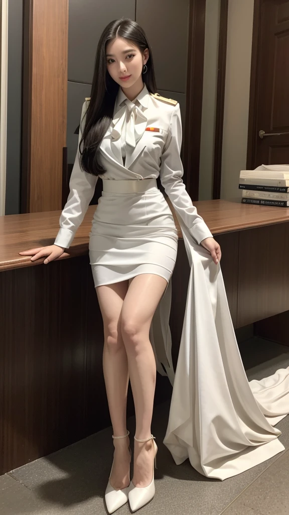 Beautiful girl with two meter long hair, long black hair, สวมsuitนักธุรกิจหญิง, สวมsuit over it., Two-button style, tie black tie, white korean style suit, (White women'suit), (white shirt), (Thai women'black tie), (Military rank insignia), (white short skirt), tight, pencil skirt, (Dynamic posts), Full body, (big breasts, Thin body, small waist, hips raised, small thighs, Long legs), A gigantic rift, black high heels,