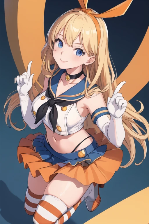 (masterpiece, highest quality;1.3), Highly detailed CG, Super detailed, One girl, alone, smile, View your viewers, stylish angle, Blonde long hair,blue eyes,
SV1,Orange Choker, White gloves, jewelry, From above, Raise your arms,
Simakos, mini skirt,Crop top,Knee socks, Elbow hand pockets